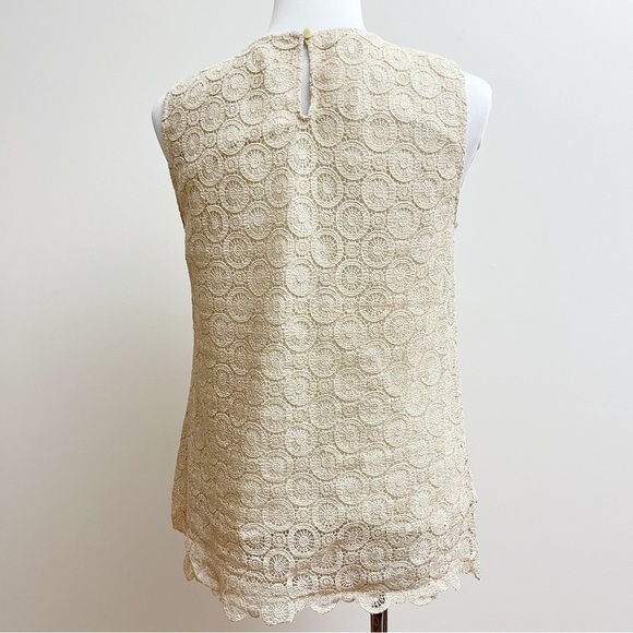 Talbots Cream Gold Metallic Medallion Lace Overlay Scalloped Sleeveless Top - Picture 6 of 11